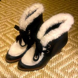 Fabianelli Sheepskin Booties Wedge Ankle Boots - Made in Italy - Black - 8/39